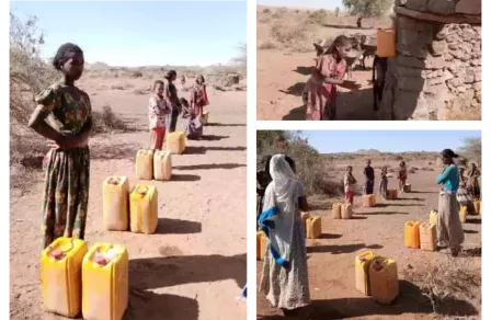 Three images of people collecting water