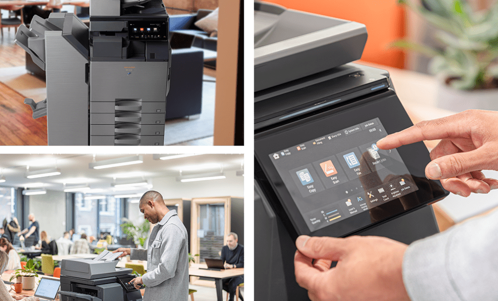 Collage of people working with printers and photocopiers